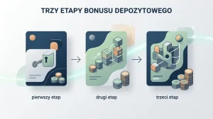 Abstrakcyjna ilustracja trzech kolejnych kodów bonusowych przypisanych do etapów wpłat