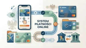 Neutralna ilustracja płatności online z BLIK, kartą, e-portfelem i PLN