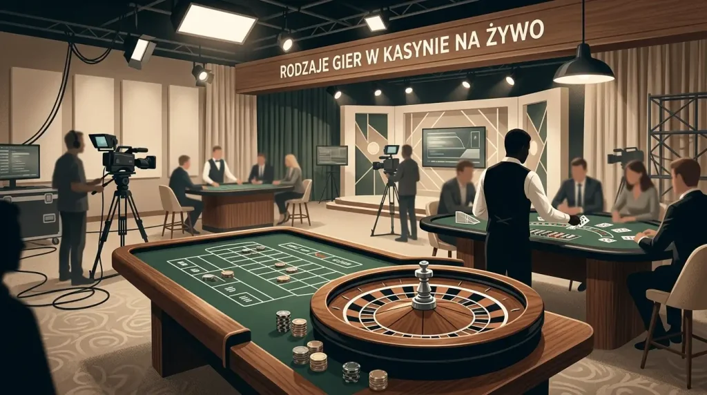 Neutralna ilustracja stołów ruletki i blackjacka w studiu kasyna na żywo
