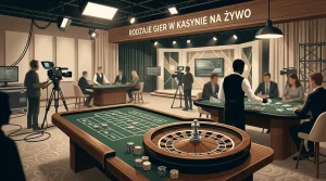 Neutralna ilustracja stołów ruletki i blackjacka w studiu kasyna na żywo